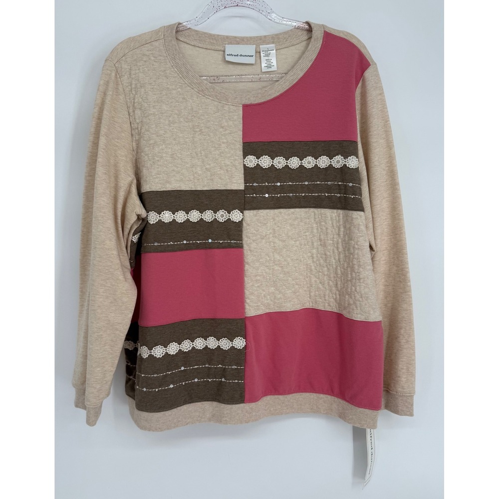 Alfred Dunner Womens Patchwork Lace Sequin Sweatshirt Tan Pink Sz L NEW Orig $54